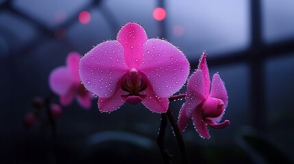 Pink orchid with water droplets, close-up.
