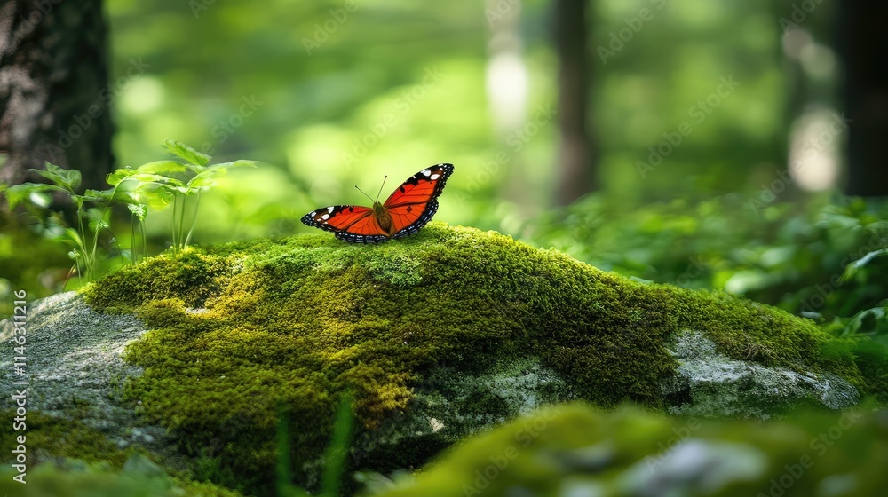 Poster vibrant monarch butterfly resting on a lush green moss-covered rock in a tranquil forest setting wit