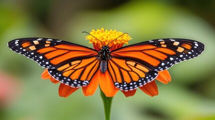 Fototapeta premium Vibrant Monarch Butterfly Nestled on a Bright Flower Petal, Capturing Nature's Beauty and Complexity in a Stunning Close-Up Image Showcasing Colors and Patterns