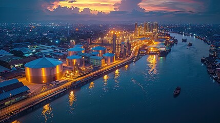 Fototapeta premium Aerial view of a vibrant industrial area by the river at sunset.