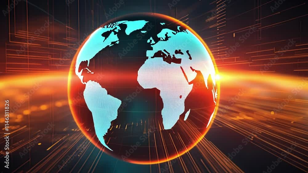 Poster futuristic rotating planet earth displaying a global network and facilitating data exchange, represe