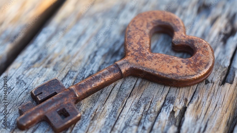 Poster heart-shaped vintage key resting on weathered wooden surface with natural textures highlighting its 