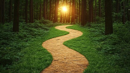 Navigating Personal Challenges illustrated with a winding path through a dense forest, where the light breaking through the canopy symbolizes hope and resilience.