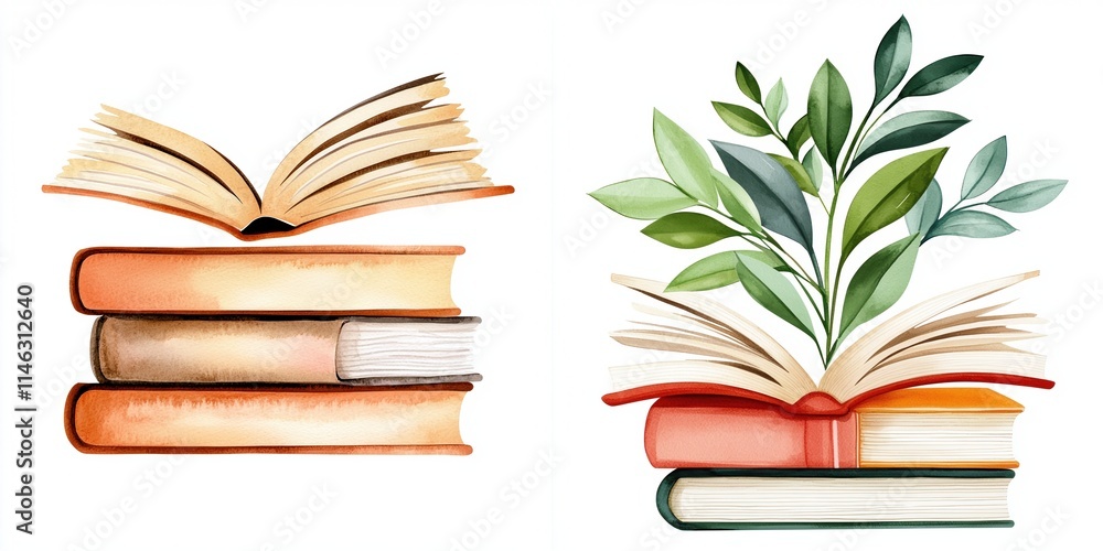 Poster new year resolution concept. a watercolor illustration featuring an open book and stacks of colorful