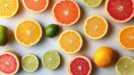 A vibrant arrangement of various citrus fruits on a surface, showcasing their colors and textures.