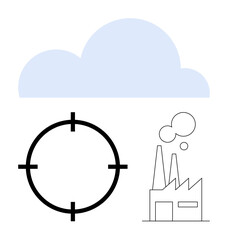 Cloud icon, target symbol, and industrial factory with smoke. Ideal for technology, cloud storage, industrial automation, cybersecurity, data analytics strategic planning environmental impact. Line