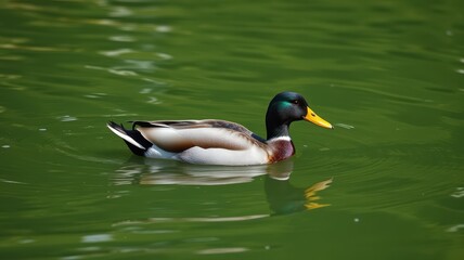 Fototapeta premium Mallard duck gliding across calm green waters during midday