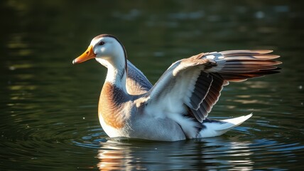 Fototapeta premium Colorful duck spreads wings on calm water in serene natural setting surrounded by greenery