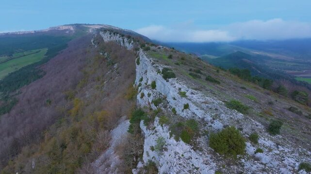 Aerial view from a drone of the winter landscape around the village of Lalastra in the Valderejo Natural Park. Municipality of Valdegov&iacute;a. Province of &Aacute;lava. Basque Country. Spain. Europe