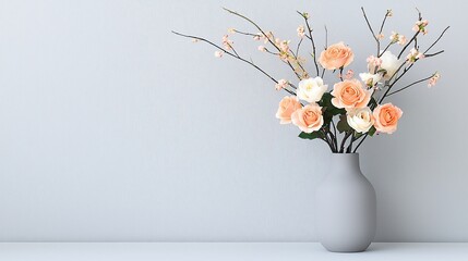 Peach and cream roses in a gray vase against a light gray wall.