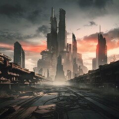 Naklejka premium Dramatic Post-Apocalyptic City: A Vision of Ruin and Resilience