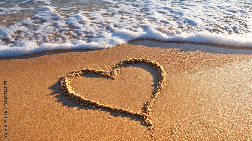 Poster heart shape drawn in soft sandy beach with gentle ocean waves lapping at the shore under bright sunl