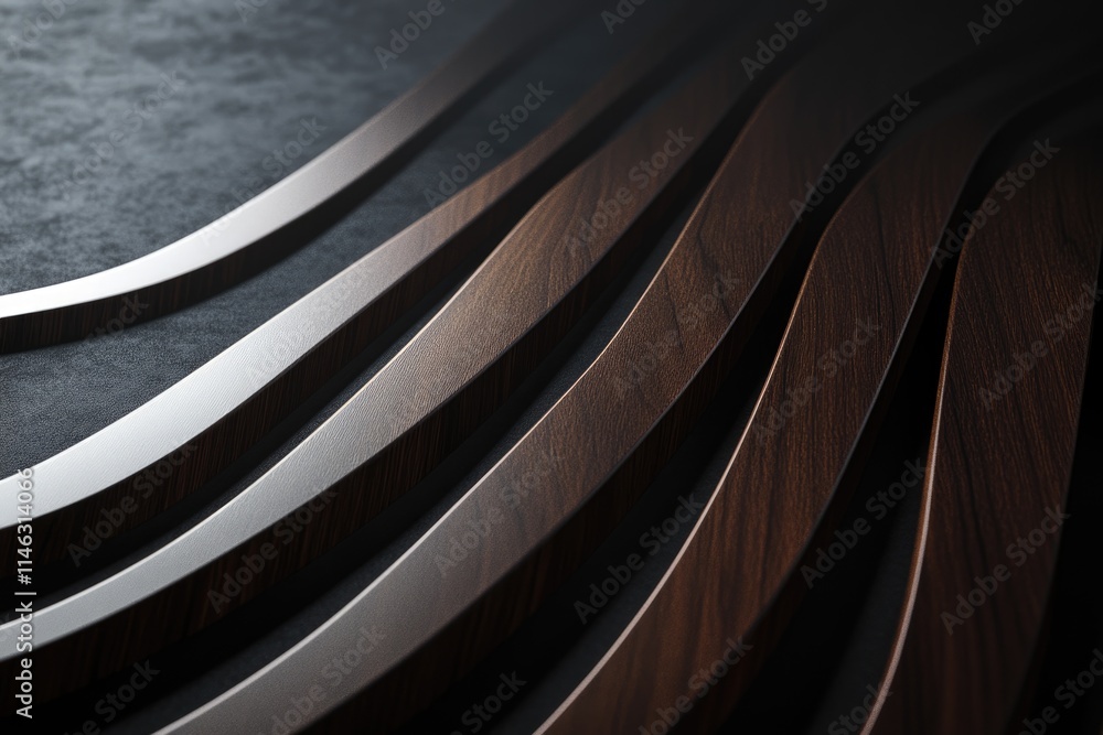 Poster abstract image of dark brown wooden curved lines creating a wave-like pattern on a dark background.
