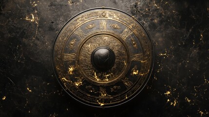 A Roman-style shield made of carbon fiber, with glowing engravings 