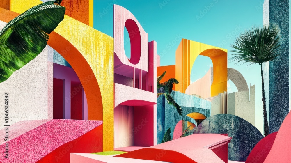 Aufkleber Vibrant abstract architecture featuring colorful geometric forms and lush greenery.