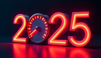 Exterior 3D model of the new year 2025 design for a brand specializing in automotive parts focuses on the number "2025", where "0" is replaced by a car speedometer with luminous indicators.