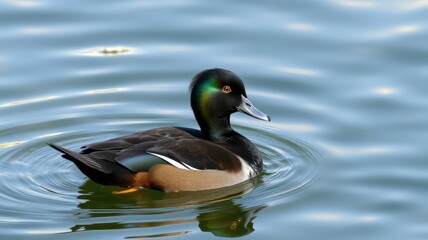 Fototapeta premium Male duck gracefully swims in calm water on a peaceful afternoon in a serene park setting