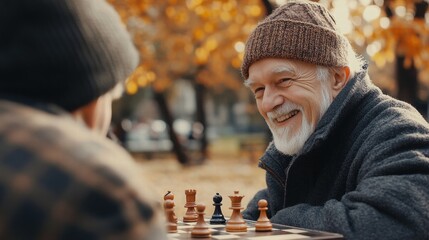 senior men playing chess in autumn park