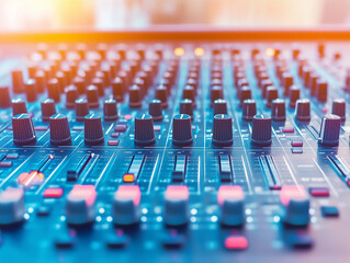 Fototapeta premium Music production equipment showcases sound mixing console in an indoor studio setting during a lively recording session
