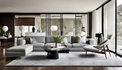 Fototapeta premium Modern design living room with sofa, table, lamps and decoration
