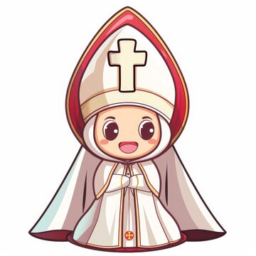 recommend clip art: A cartoon illustration of a Pope wearing a white robe and a red hat with a cross on top.