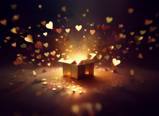 A golden gift box glows, emitting a magical light and showering the scene with golden hearts.  A symbol of love and surprise.