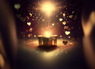 A golden gift box glows, emitting light and surrounded by falling hearts and sparkles.  A magical, romantic scene.