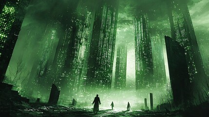 Green dystopian city, figures walking towards glowing towers.
