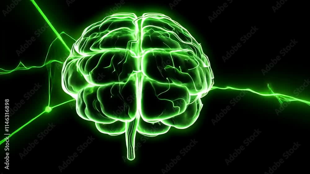 Aufkleber visual representation of brain activity with neon green light effects in a dark background, emphasiz