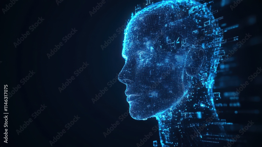 Poster abstract blue digital robot head hologram on dark background. futuristic and technology concept. 3d 
