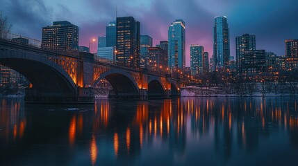 Naklejka premium cityscape at dusk bridge and river reflection