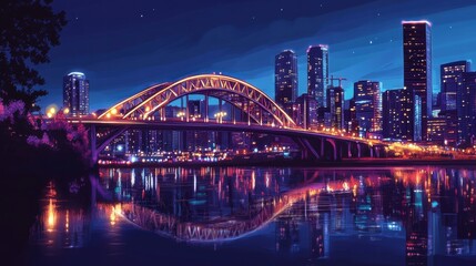 Naklejka premium night cityscape with illuminated bridge reflection