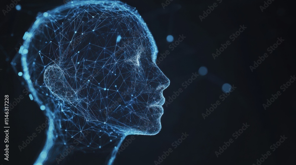 Poster abstract polygonal head outline on dark backdrop with mock up place. ai and human mind concept. 3d r