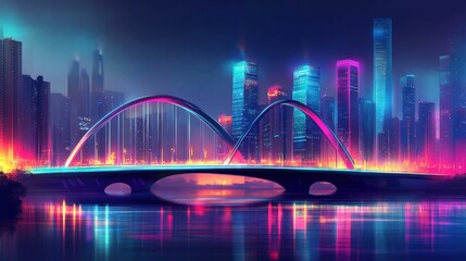 neon cityscape bridge at night