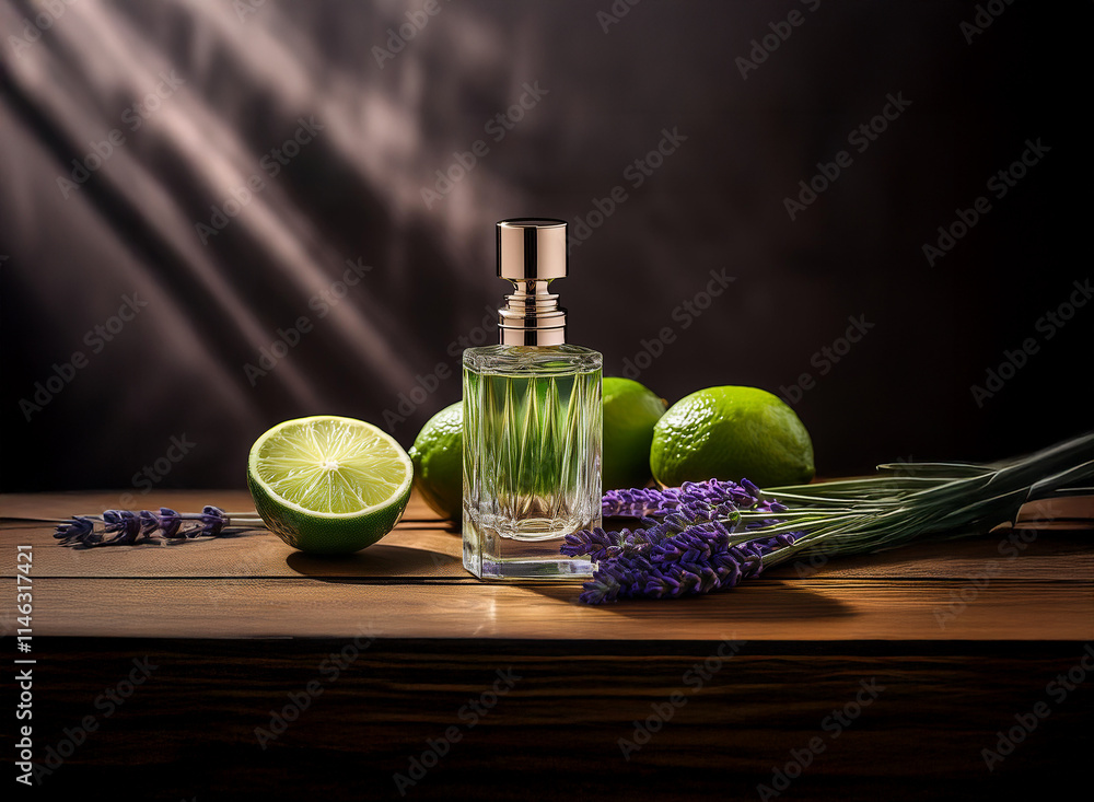 Poster elegant perfume bottle with a citrus and lavender scent sits on a wooden surface, bathed in soft lig
