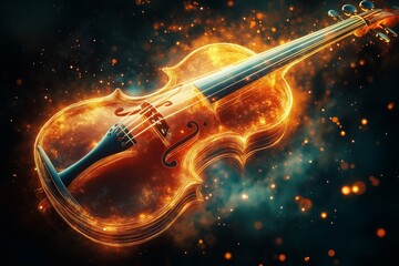 Fototapeta premium Violin illuminated by vibrant energy with swirling colors and dynamic light