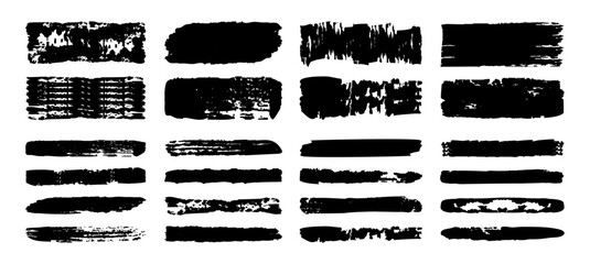 Set of the Japanese or Chinese calligraphy brush strokes. Vector straight-line brush strokes. Hand-drawn black smears and stripes. Sketch rectangle text boxes—grunge thick paint line texture.	