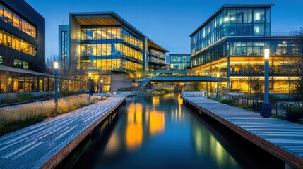 modern office campus at dusk