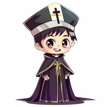 recommend clip art: A cute cartoon illustration of a young priest wearing a black robe and a mitre.