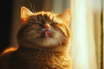 British shorthair cat making funny face sticking out tongue looking at camera.