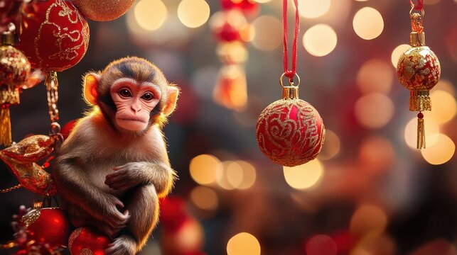 Chinese lunar new year ornaments toy of monkey on festive background