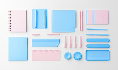 Pastel pink and blue stationery flat lay.  Perfect for back to school, office supplies, or creative projects.