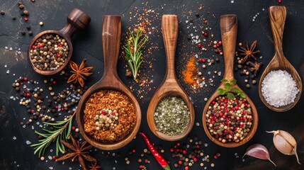 Rustic spoons with spices and herbs on dark textured surface