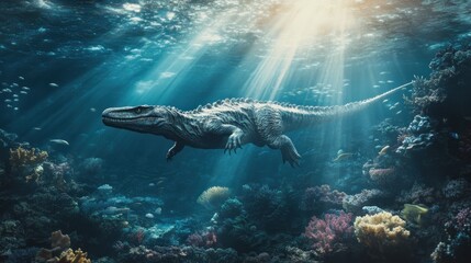 Fototapeta premium Prehistoric marine reptile swimming in vibrant coral reef, sunbeams illuminating scene.