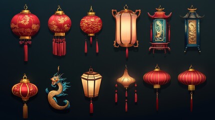 Chinese New Year Icons vector set. Chinese paper lantern and red lamp isolated icons of Asian Lunar New Year holiday decoration vector. Oriental culture tradition illustration.