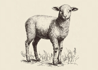 Sheep, lamb. Vintage retro print, black white sheep lamb sketch ink pencil style drawing, engrave old school. Sketch artwork silhouette farm sheep lamb. Side view profile. Illustration