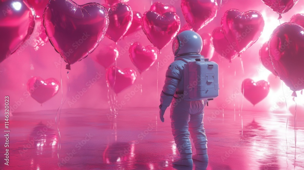 Poster an astronaut stands in a surreal environment surrounded by floating heart-shaped balloons. the vibra