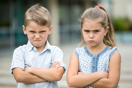  A boy and girl standing outdoors with arms crossed and stern expressions, representing sibling rivalry or family tension in a casual environment.
