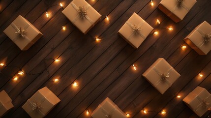 christmas, holidays and celebration concept - gift boxes on wooden boards from top over festive lights