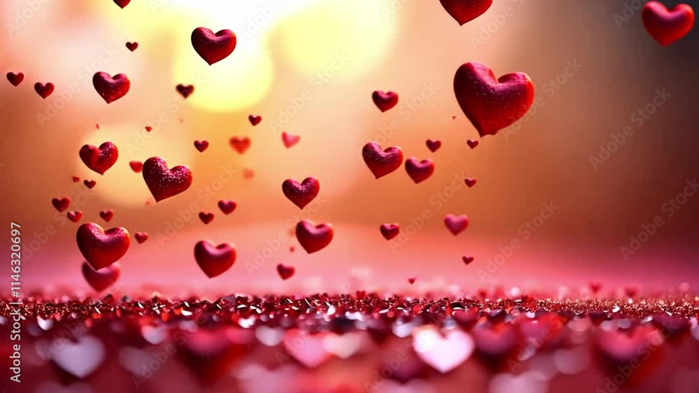 Poster floating red hearts create a romantic atmosphere with soft light reflections in the background
